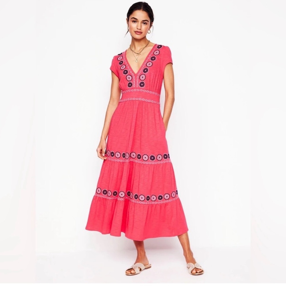 Boden Coral Pink Embroidered Midi Dress